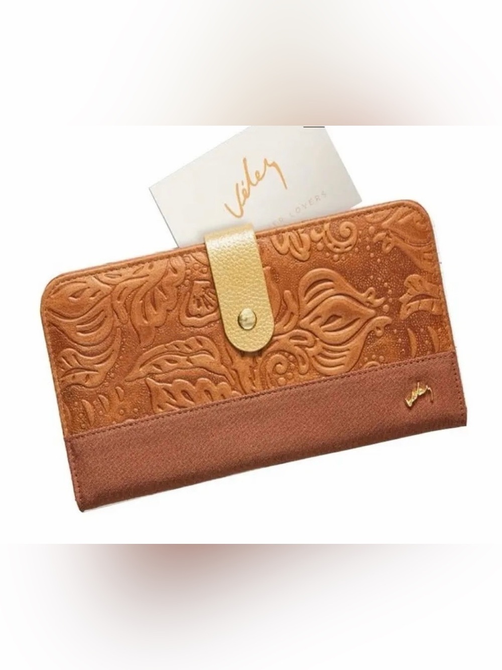 Brown Leather Embossed Floral Zip Wallet with Gold Snap